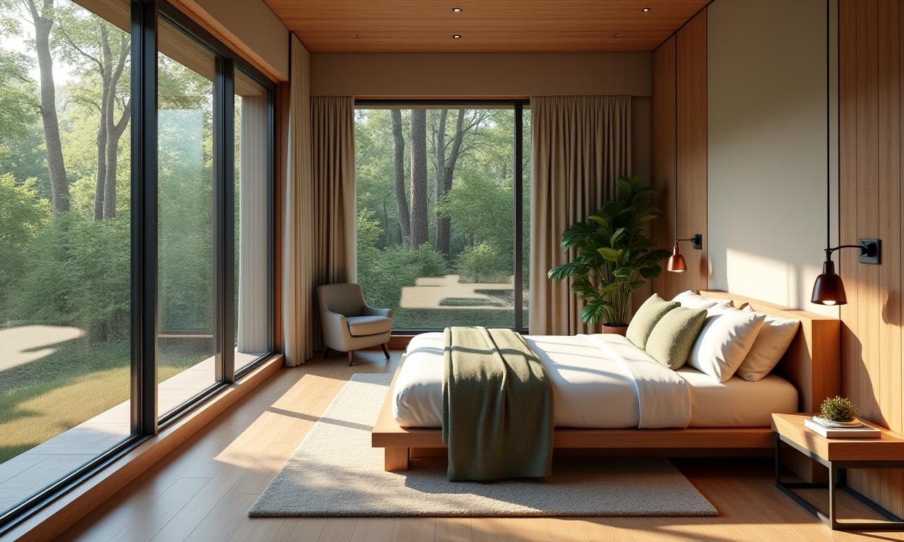 Modern eco-lodge bedroom interior with large windows overlooking the forest, natural wood finishes.