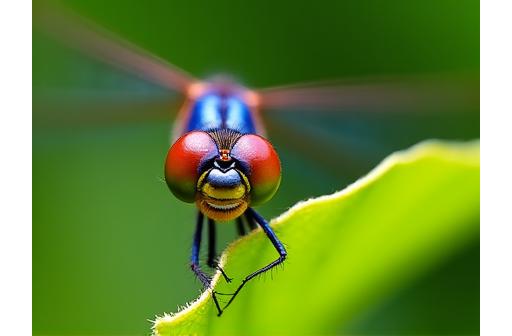 A close-up guest photo of a colorful dragonfly resting on a leaf.