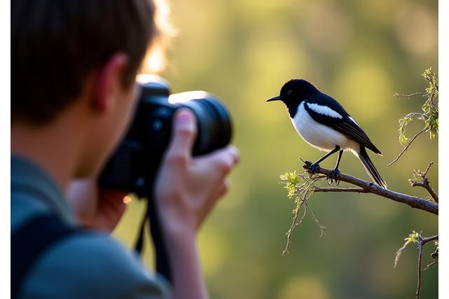 Person learning photography with a kookaburra in the background
